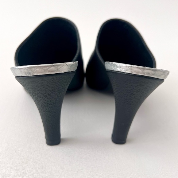 CHANEL | Black Leather Pointed High Heel Mules CC Logo Silver Scales EU 37.5 - Picture 7 of 14